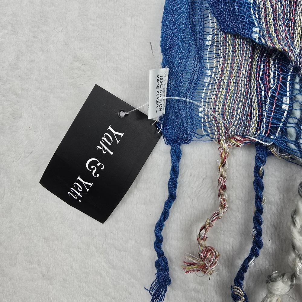 Yak‎ & Yeti Blue Multicolor Fringe One Size Cotton Women's Scarf New - Picture 2 of 6